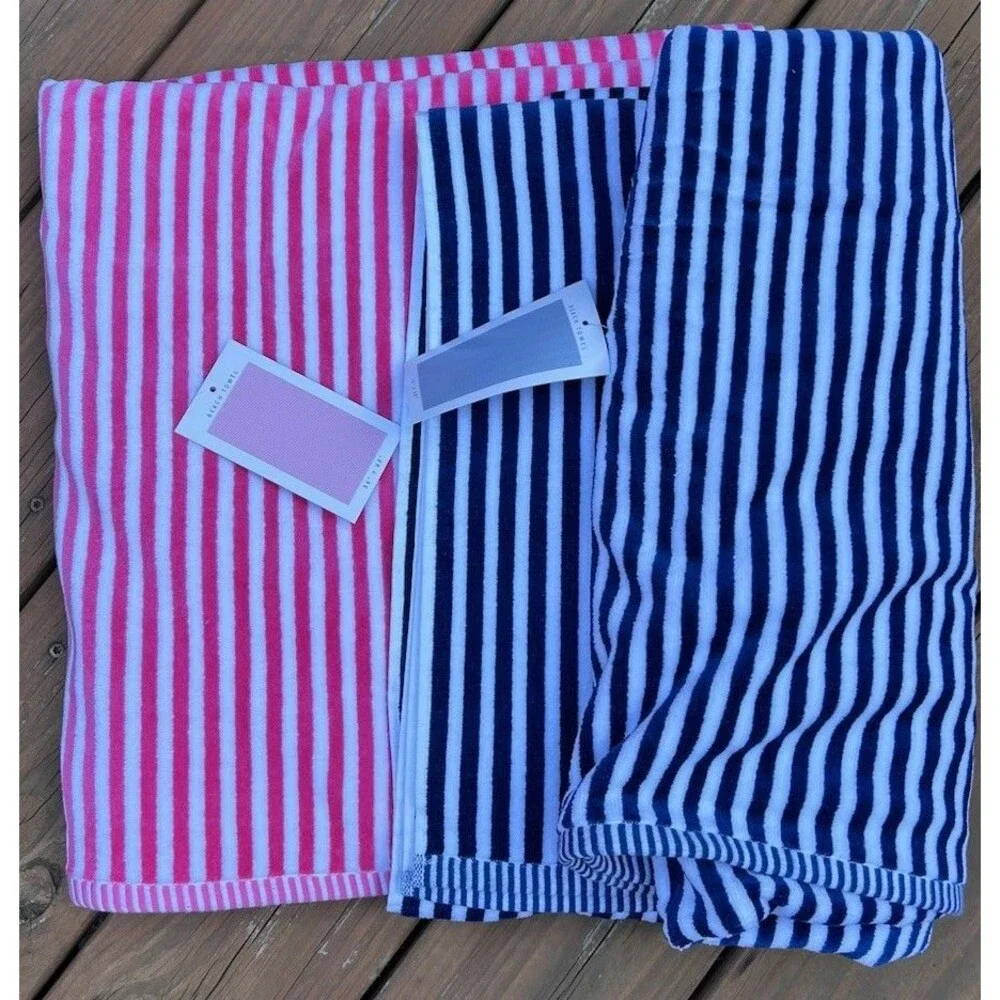 Common Thread Beach Towel Set Navy Blue & Pink White Stripes Soft Cotton New
